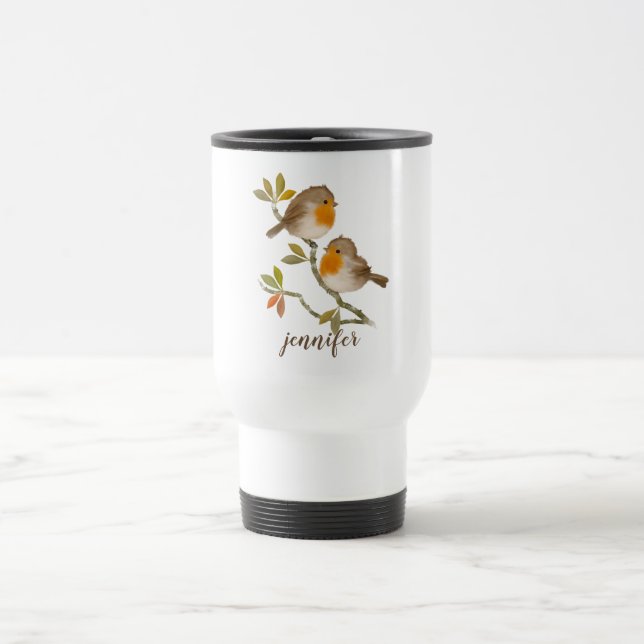 Cute Robin Redbreast Birds Personalized Travel Mug (Center)