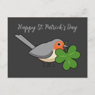 Cute Robin with Shamrock Clover Cartoon   Add Text Holiday Postcard