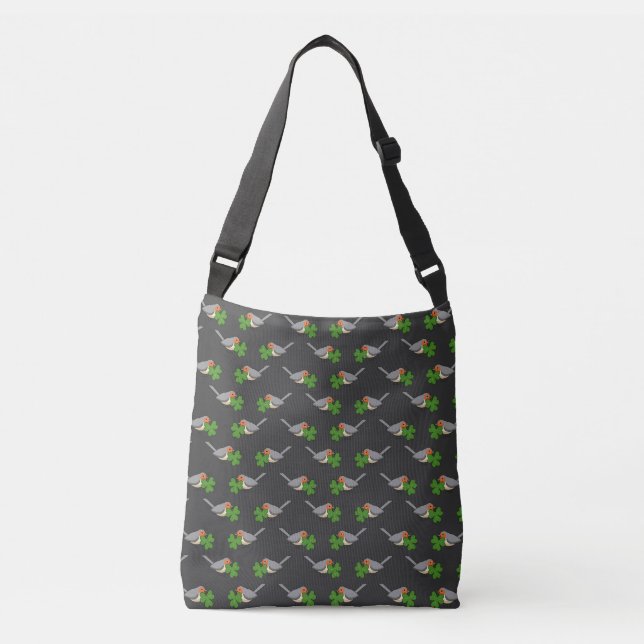 Cute Robin with Shamrock Clover Cartoon Crossbody Bag (Front)