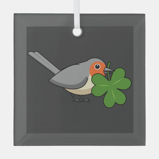 Cute Robin with Shamrock Clover Cartoon Glass Ornament (Front)