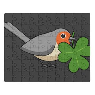 Cute Robin with Shamrock Clover Cartoon Jigsaw Puzzle
