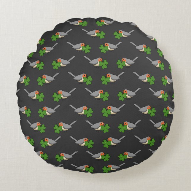 Cute Robin with Shamrock Clover Cartoon Round Pillow (Front)