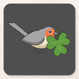 Cute Robin with Shamrock Clover Cartoon Square Paper Coaster
