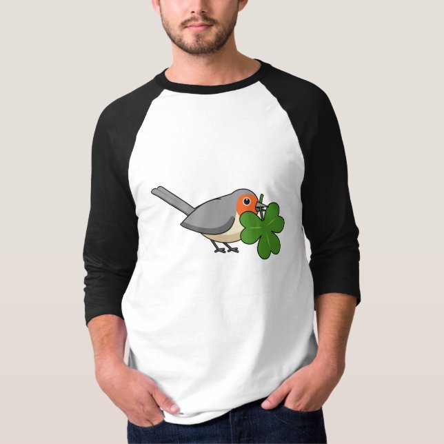 Cute Robin with Shamrock Clover Cartoon T-Shirt (Front)