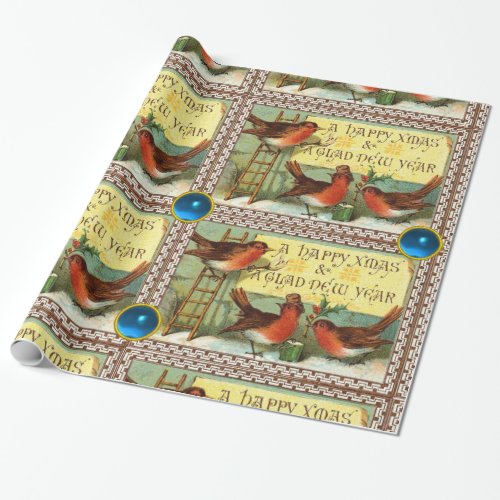 CUTE ROBINS CHRISTMAS GREETINGS WITH BLUE GEMS WRAPPING PAPER