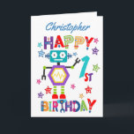 Cute Robot 1st Birthday Card<br><div class="desc">A special 1st birthday card! This bright fun first birthday card features a cute robot, some pretty stars and colorful text. A cute design for someone who will be one year old. Add the 1st birthday child's name to the front of the card to customize it for the special boy...</div>