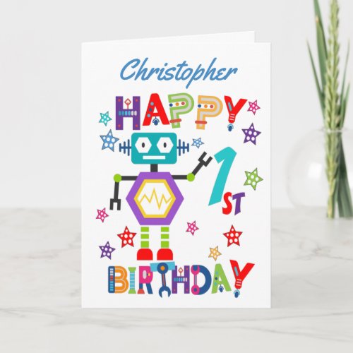 Cute Robot 1st Birthday Card