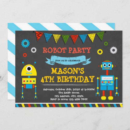 Cute robot birthday party invitation
