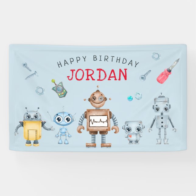 Cute Robot Birthday Party Welcome Banner (Horizontal)