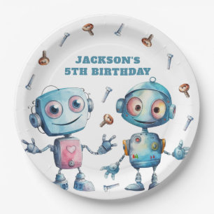 Cute Robot Blue White Kids Paper Plates