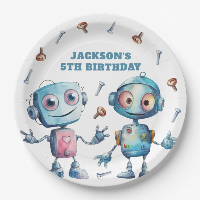 Cute Robot Blue White Kids Paper Plates (Front)