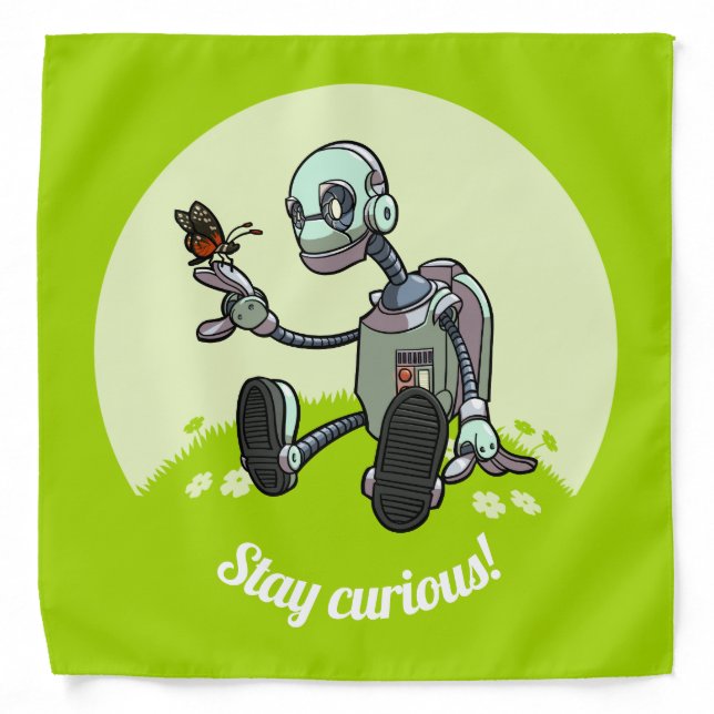 Cute Robot & Butterfly Stay Curious! Cartoon Bandana (Front)