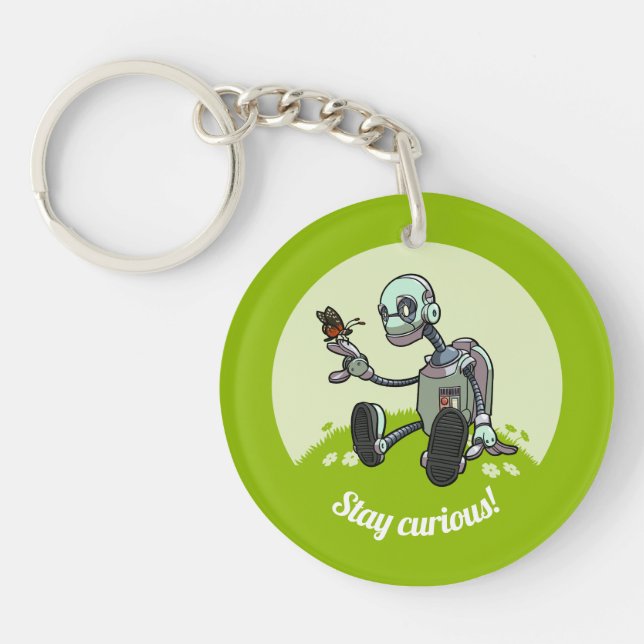 Cute Robot & Butterfly Stay Curious! Cartoon Keychain (Front)