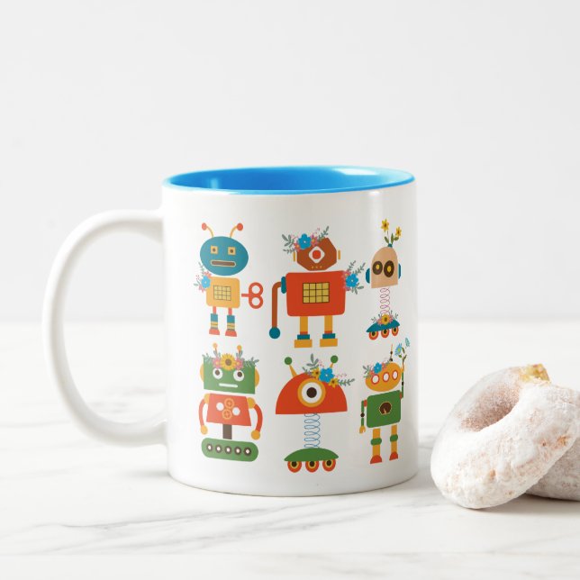 Cute robot children's design Two-Tone coffee mug (With Donut)