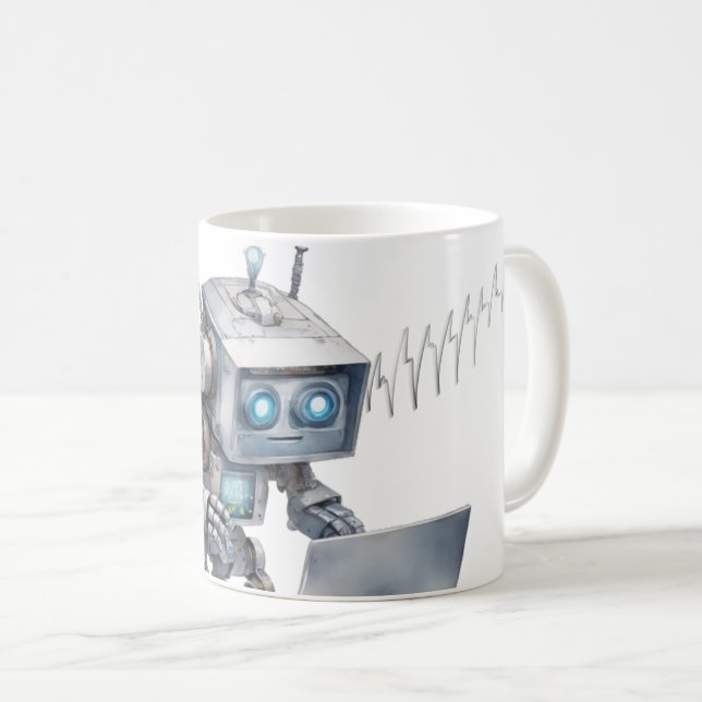 Cute robot coding using a laptop coffee mug (Front Right)