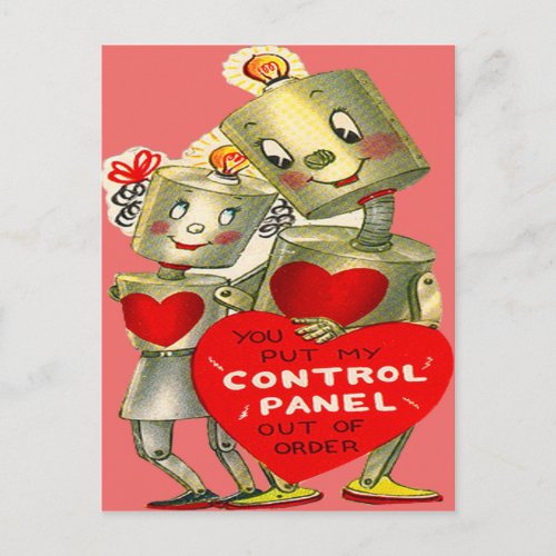 Cute Robot Couple Light Heart Valentine Holiday Postcard