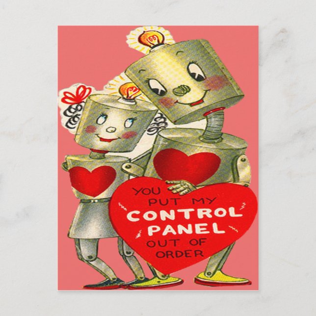 Cute Robot Couple Light Heart Valentine Holiday Postcard (Front)