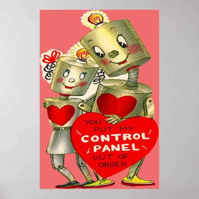 Cute Robot Couple Light Heart Valentine Poster (Front)