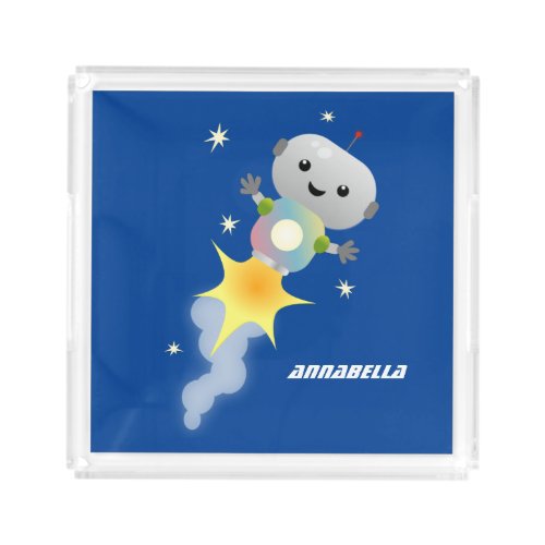 Cute robot flying in space cartoon illustration acrylic tray