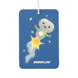 Cute robot flying in space cartoon illustration  air freshener