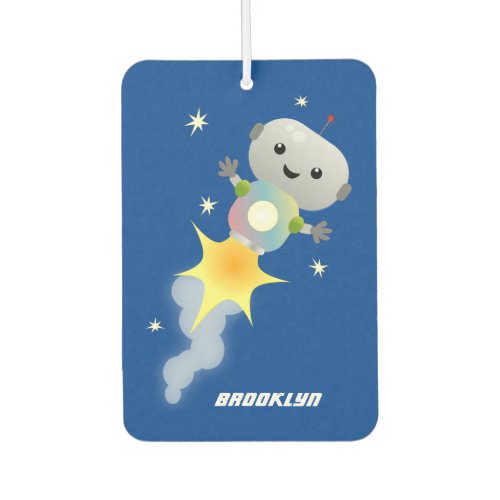 Cute robot flying in space cartoon illustration  air freshener