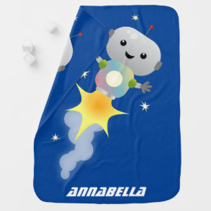 Cute robot flying in space cartoon illustration baby blanket