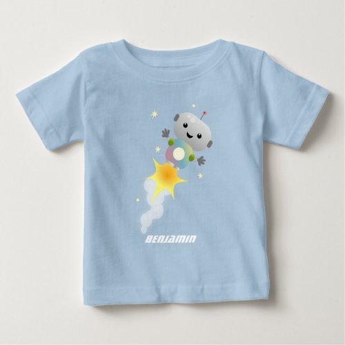 Cute robot flying in space cartoon illustration baby T_Shirt