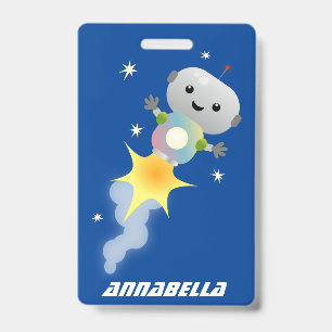 Cute robot flying in space cartoon illustration badge