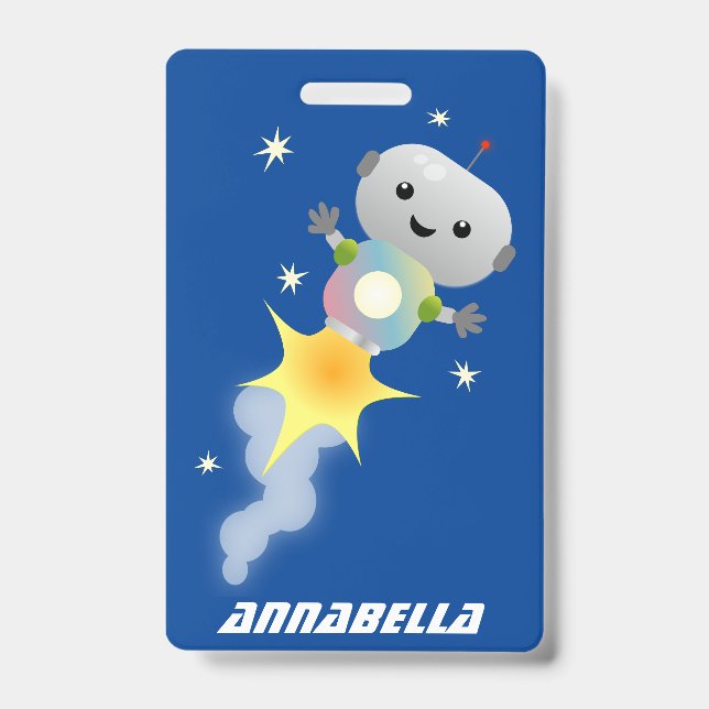 Cute robot flying in space cartoon illustration badge (Front)