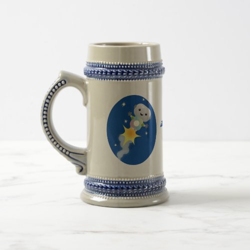 Cute robot flying in space cartoon illustration beer stein