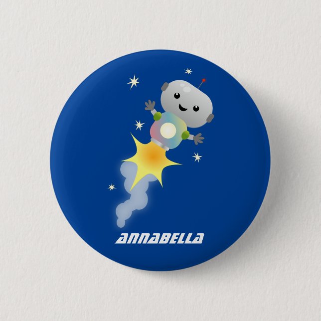 Cute robot flying in space cartoon illustration button (Front)