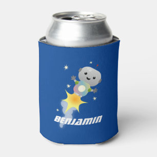 Cute robot flying in space cartoon illustration can cooler