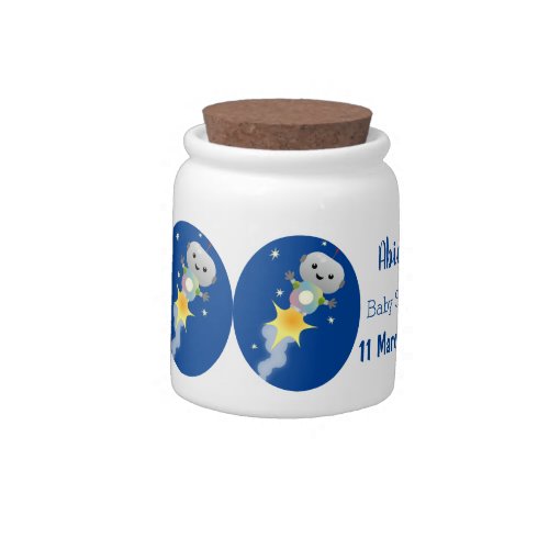 Cute robot flying in space cartoon illustration candy jar