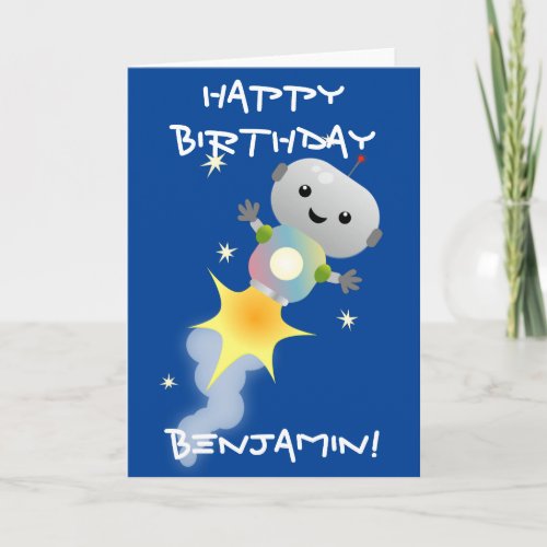 Cute robot flying in space cartoon illustration card