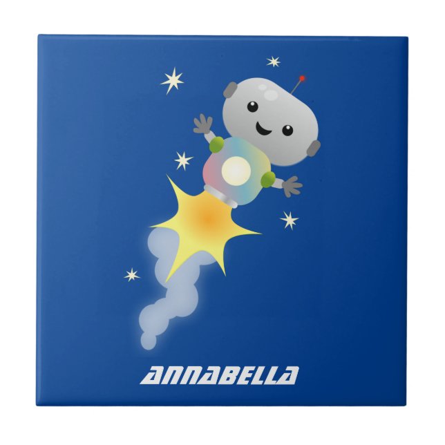 Cute robot flying in space cartoon illustration ceramic tile (Front)