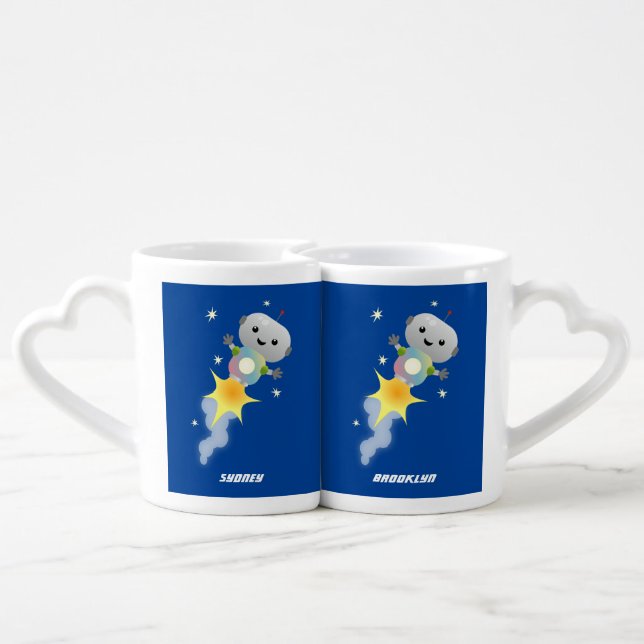 Cute robot flying in space cartoon illustration coffee mug set (Back Nesting)