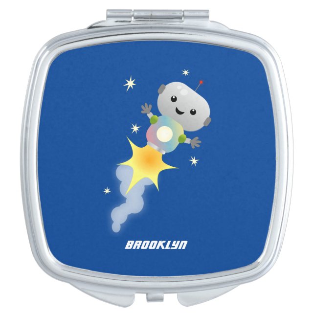 Cute robot flying in space cartoon illustration compact mirror (Front)