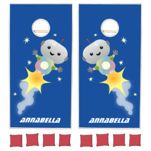 Cute robot flying in space cartoon illustration cornhole set