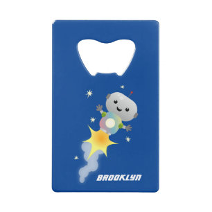 Cute robot flying in space cartoon illustration credit card bottle opener