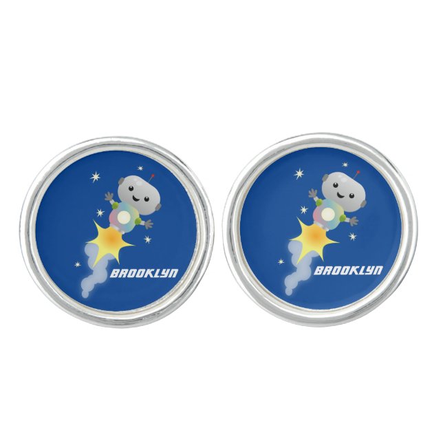 Cute robot flying in space cartoon illustration cufflinks (Front)