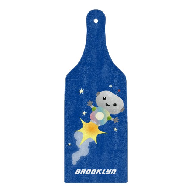 Cute robot flying in space cartoon illustration cutting board (Front)