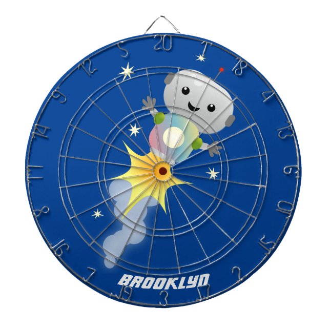 Cute robot flying in space cartoon illustration dart board (Front)