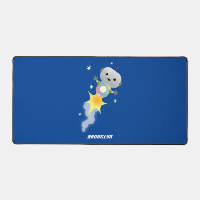 Cute robot flying in space cartoon illustration desk mat (Front)