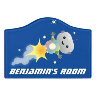 Cute robot flying in space cartoon illustration door sign