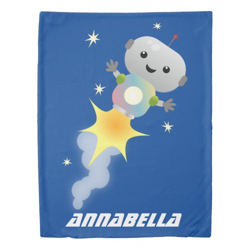 Cute robot flying in space cartoon illustration duvet cover