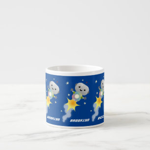 Cute robot flying in space cartoon illustration espresso cup