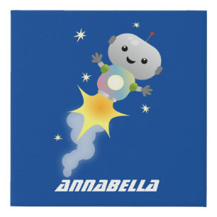 Cute robot flying in space cartoon illustration faux canvas print
