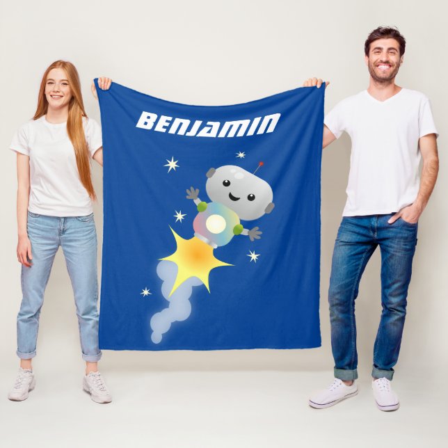 Cute robot flying in space cartoon illustration fleece blanket (In Situ)