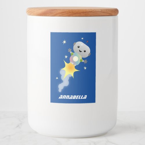 Cute robot flying in space cartoon illustration food label