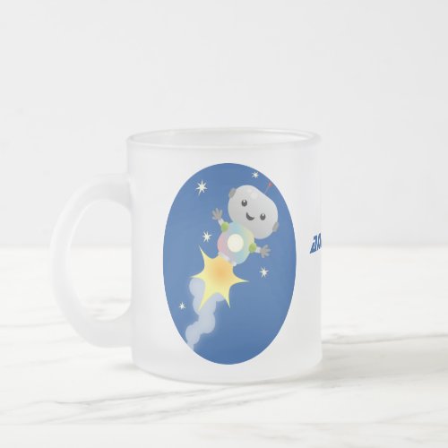 Cute robot flying in space cartoon illustration frosted glass coffee mug